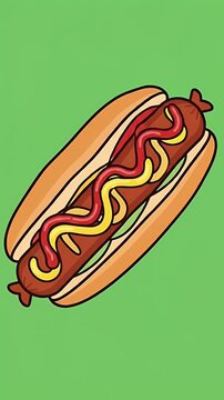Green Background Hot Dog With Ketchup And Mustard Animation Loop