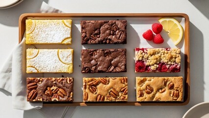 Assortment of Dessert Bars on Wooden Tray with Fruit.