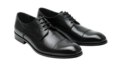 Pair of sleek, black leather dress shoes isolated on a transparent background