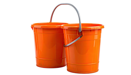Two bright orange buckets with a silver handle on a transparent background