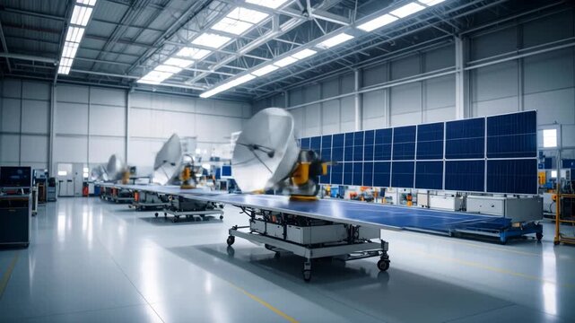 A modern industrial setting showcases satellite components with solar panels and dish antennas in production.