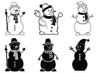 Collection of cute snowmen in black and white vector illustrations