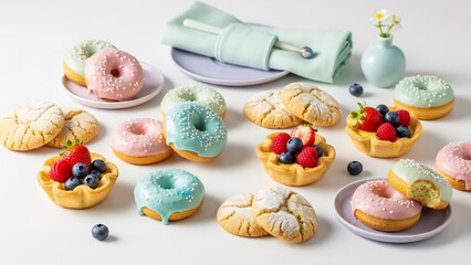 Colorful Donuts and Fruit Tarts - A Sweet Treat Display.