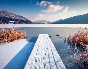 Snowy dock extends over partially frozen lake toward distant mountains under a blue sky