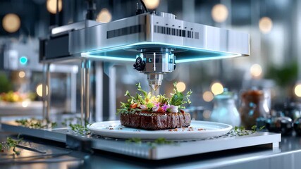 Robotic arm delicately garnishes a gourmet dish with fresh herbs and flowers, showcasing precision in a modern culinary environment