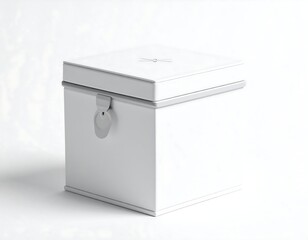 A square, white metal box with a hinged lid and clasp against a bright, blank background