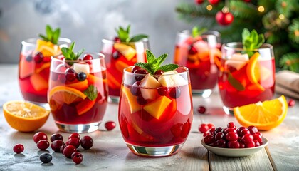 Vibrant festive cocktails with fruit and mint, with Christmas decorations