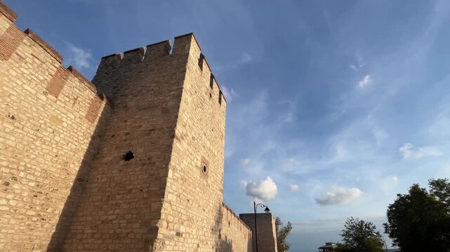 Topkapi Palace fortified wall at Sultanahmet District in Istanbul, Turkey. (4K video)