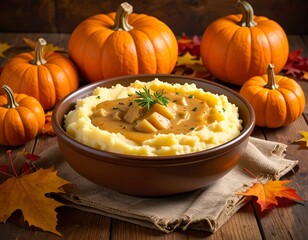 Close-up of mashed potatoes with gravy, gourds, and autumn leaves on wooden table