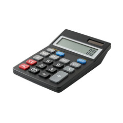 A black digital calculator with gray blue and red buttons isolated on transparent background