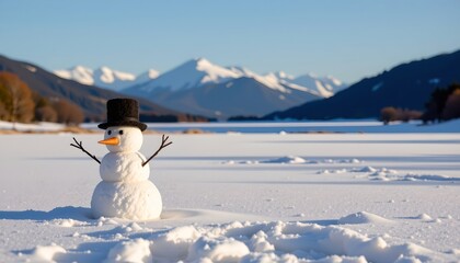 Serene Winter Scene with Snowman and Mountain Backdrop