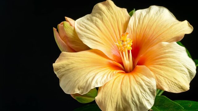 Close-up of a beautiful hibiscus flower, showcasing vibrant yellow petals and intricate details, against a dark background.