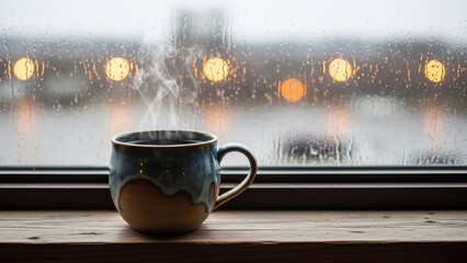 Steaming Coffee Mug on a Rainy Day Window Sill.
