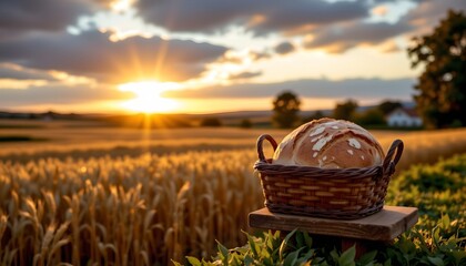 Sunset Calmness with Ripe Wheat and Fresh Bread