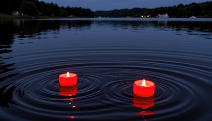 Serene Nighttime Reflection with Red Candles Calm Water