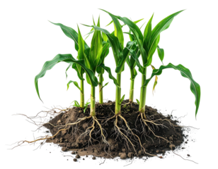 Young corn plants with exposed roots in a soil clump against black