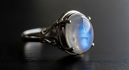 Moonstone ring on dark background closeup.