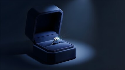 Brilliant diamond engagement ring in a blue velvet box, PNG with alpha channel for jewelry retail and wedding proposals