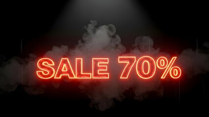 Neon red sale 70 percent glowing text with smoke clouds, background removal and transparency