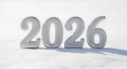 A photorealistic, macro shot of the numbers "2026" cast in highly reflective, glossy white ceramic, resting on a pure white, subtly textured snowdrift. 