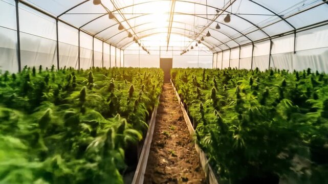 A sunlit greenhouse interior showcasing rows of cultivated green plants, with a clear focus on agricultural cultivation.