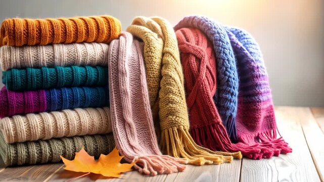 A cozy arrangement featuring stacks of colorful knitted scarves and an autumn leaf on a wooden surface.