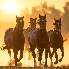 Several dark horses with white facial markings gallop across a field toward the viewer. Sunlight illuminates them