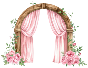 Watercolor illustration of a wooden archway draped with pink curtains and roses