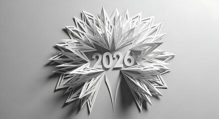 Intricate papercraft kirigami artwork of a stylized firework bursting open to reveal the year '2026', built from layers of pristine white 