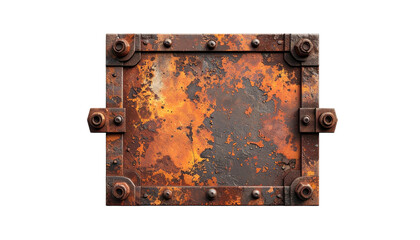 Weathered, rectangular metal plate with rivets, corrosion, & worn texture