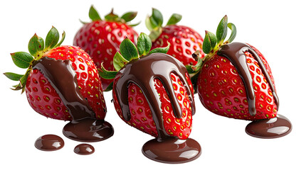 Five ripe strawberries, some dipped in rich, flowing chocolate