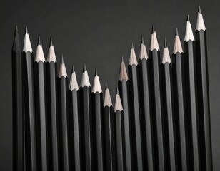 Several pencils, neatly arranged, form a downward and upward arch pattern against a dark background, in varying shades of black and white