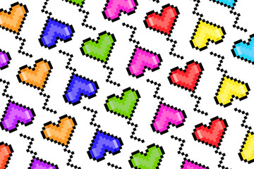 Pixelated style multicolor heart shaped balloons seamless pattern in white background for valentines day print design 