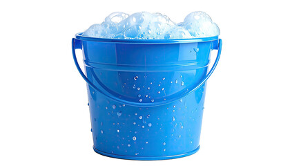 Blue bucket overflowing with bubbly foam against a black backdrop