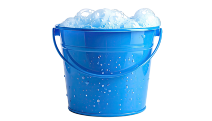 Blue bucket overflowing with bubbly foam against a black backdrop
