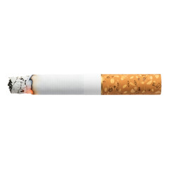 A single lit cigarette with ash and a filter isolated view on transparent background high quality