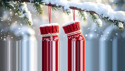 Two red stockings with white patterns hang from a snow-covered evergreen branch