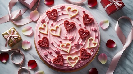 Valentines day dessert with pink icing and heart decorations