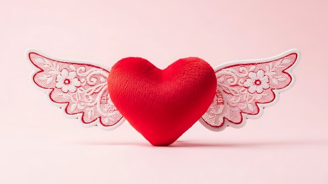 Plush Red Heart with Lace Wings on Pink Background. Love concept.