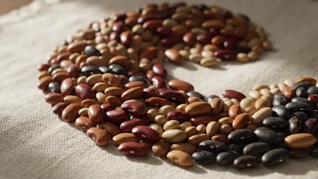 Assorted beans arranged in a pattern on a textured cloth surface