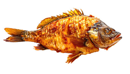 Roasted whole fish with golden skin, side profile on black background