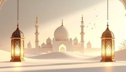 Grand mosque with exquisite Islamic architecture, set in a serene desert at sunrise. Glowing lanterns evoke spiritual reflection and cultural celebration for Ramadan or Eid