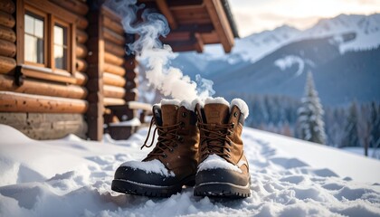Snow-covered boots steaming near a wooden cabin, snowy mountains in the background