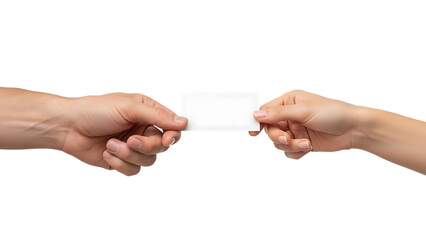 Two hands exchanging a blank white business card isolated view on transparent background high quality professional