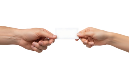 Two hands exchanging a blank white business card isolated view on transparent background high quality professional