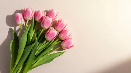 Fototapeta premium Pink Tulips Bouquet, Indoor Setting, Floral Photography, Soft Lighting, Close-Up View, Emotive Concept