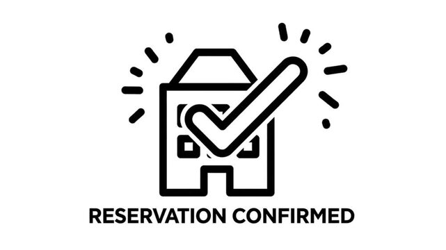 Simple black line icon depicting successful hotel or property reservation confirmation with a large checkmark