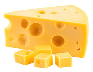 A wedge of yellow, Swiss-style cheese, with cubed pieces