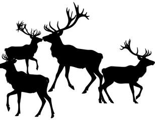 Silhouette image featuring four deer walking across a white background, each with large antlers