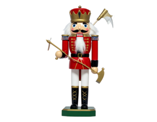 Festive wooden soldier figurine, red jacket, gold accents, white hair, wielding tools